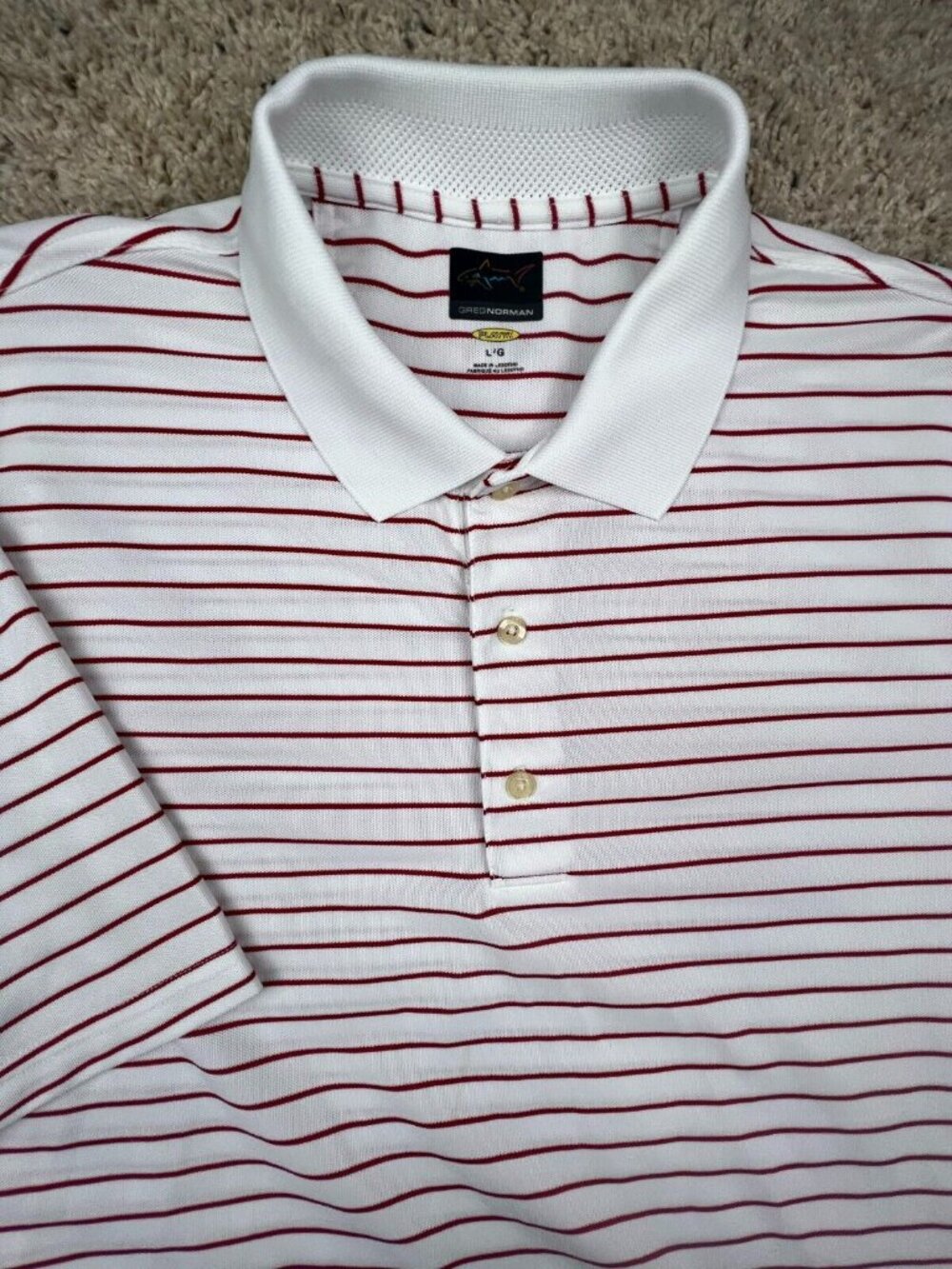 Greg Norman Men's Size Large Red White Striped Polo Shirt Polyester Short Sleeve